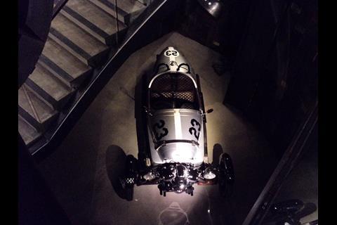 A car, developed in association with Morgan, on display in the basement.